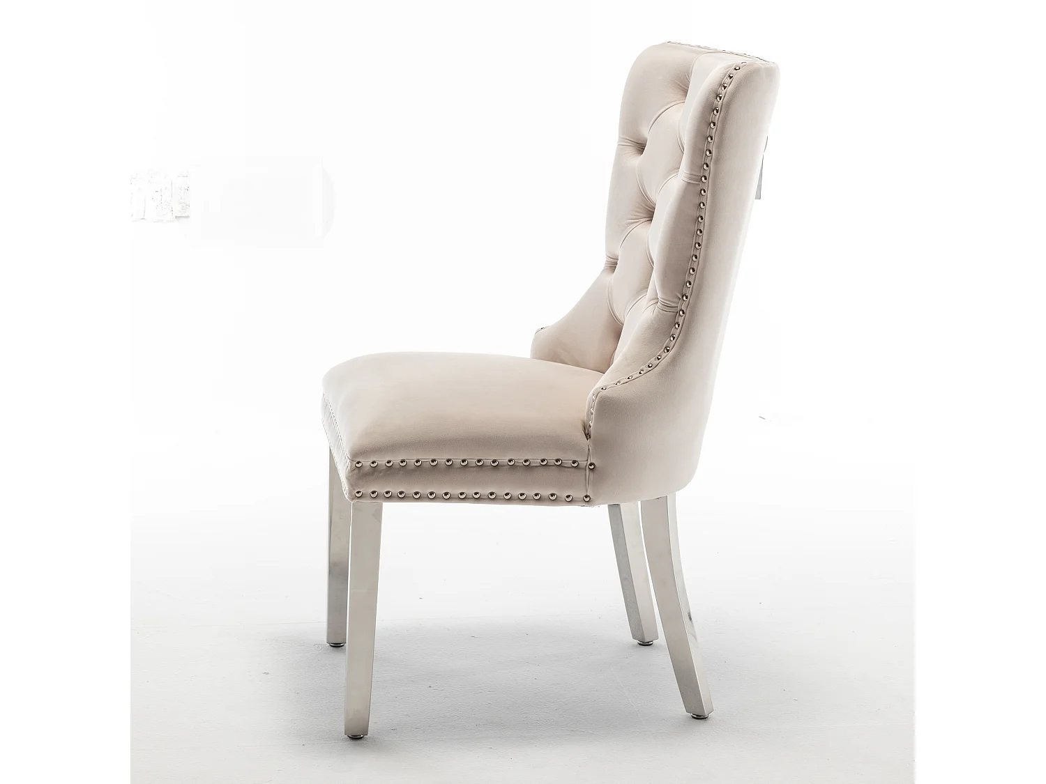 Chaise design velours capitonné clouté et pieds acier chromé Kazar - Lot de 2-Beige clair
