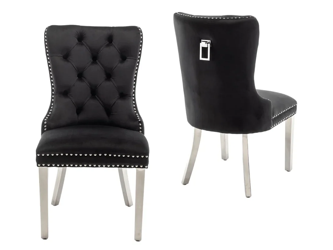 Chaise design velours capitonné clouté et pieds acier chromé Kazar - Lot de 2-Beige clair