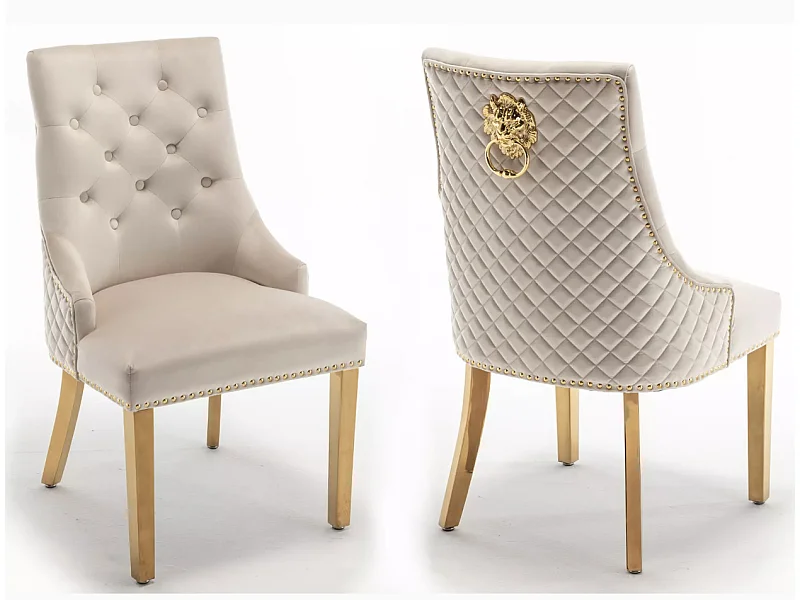 Chaise capitonnée velours avec anneau d'un lion au dos et pieds métal doré Elena - Lot de 2-Couleur Beige clair