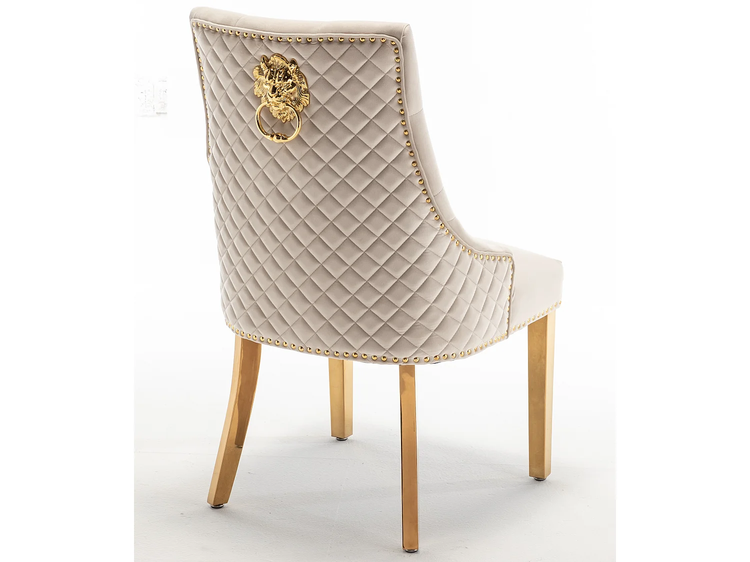 Chaise capitonnée velours avec anneau d'un lion au dos et pieds métal doré Elena - Lot de 2-Couleur Beige clair