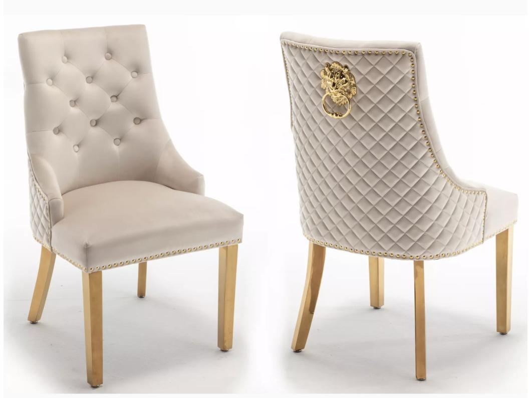 Chaise capitonnée velours avec anneau d'un lion au dos et pieds métal doré Elena - Lot de 2-Couleur Beige clair