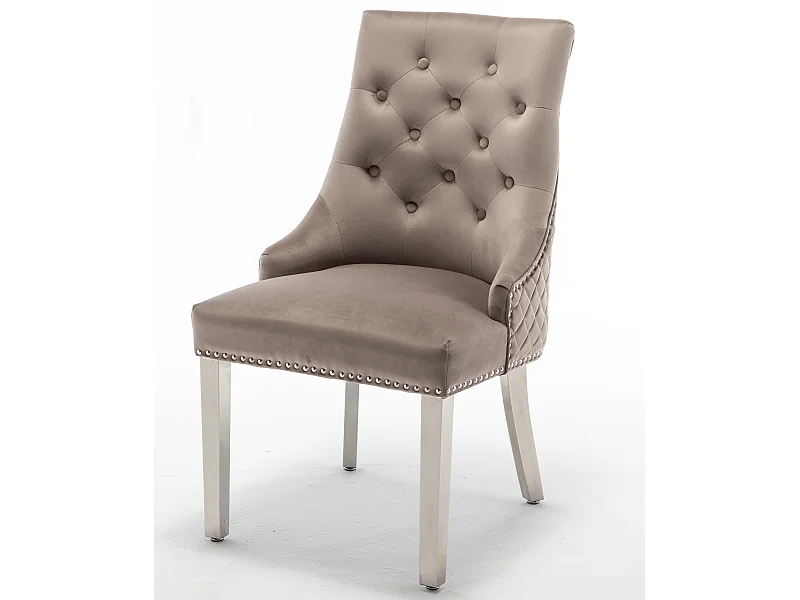 Chaise capitonnée velours avec anneau au dos et pieds métal chromé Royal - Lot de 2-Couleur Beige foncé