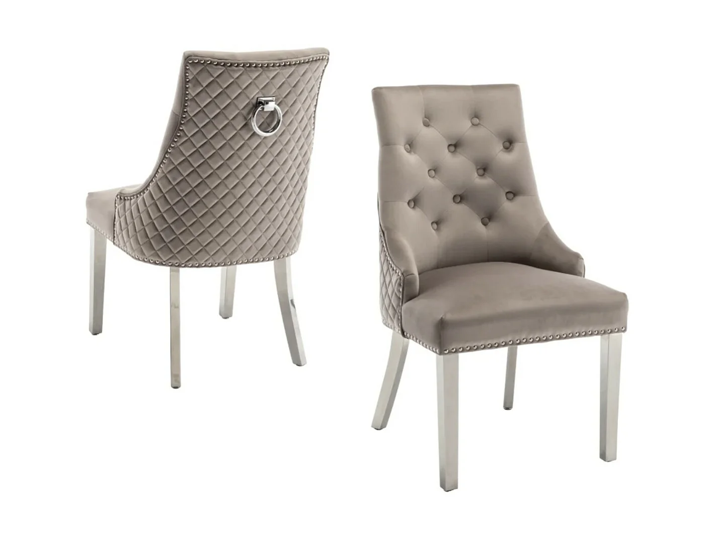 Chaise capitonnée velours avec anneau au dos et pieds métal chromé Royal - Lot de 2-Couleur Beige foncé
