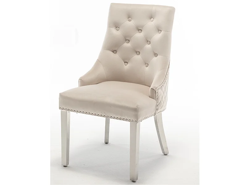 Chaise capitonnée velours avec anneau d'un lion au dos et pieds métal chromé Elena - Lot de 2-Couleur Beige clair