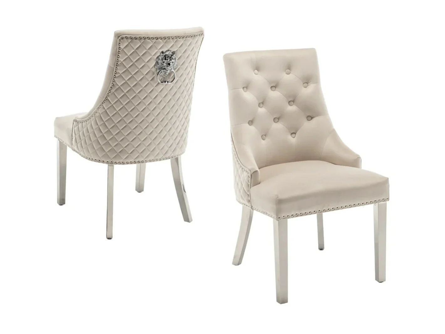Chaise capitonnée velours avec anneau d'un lion au dos et pieds métal chromé Elena - Lot de 2-Couleur Beige clair