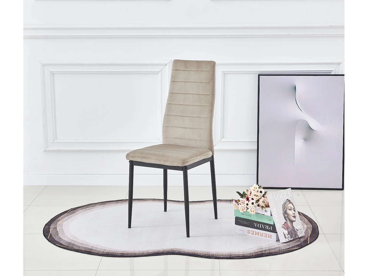 Chaise velours beige matelassé et pieds acier noir Roba - Lot de 6