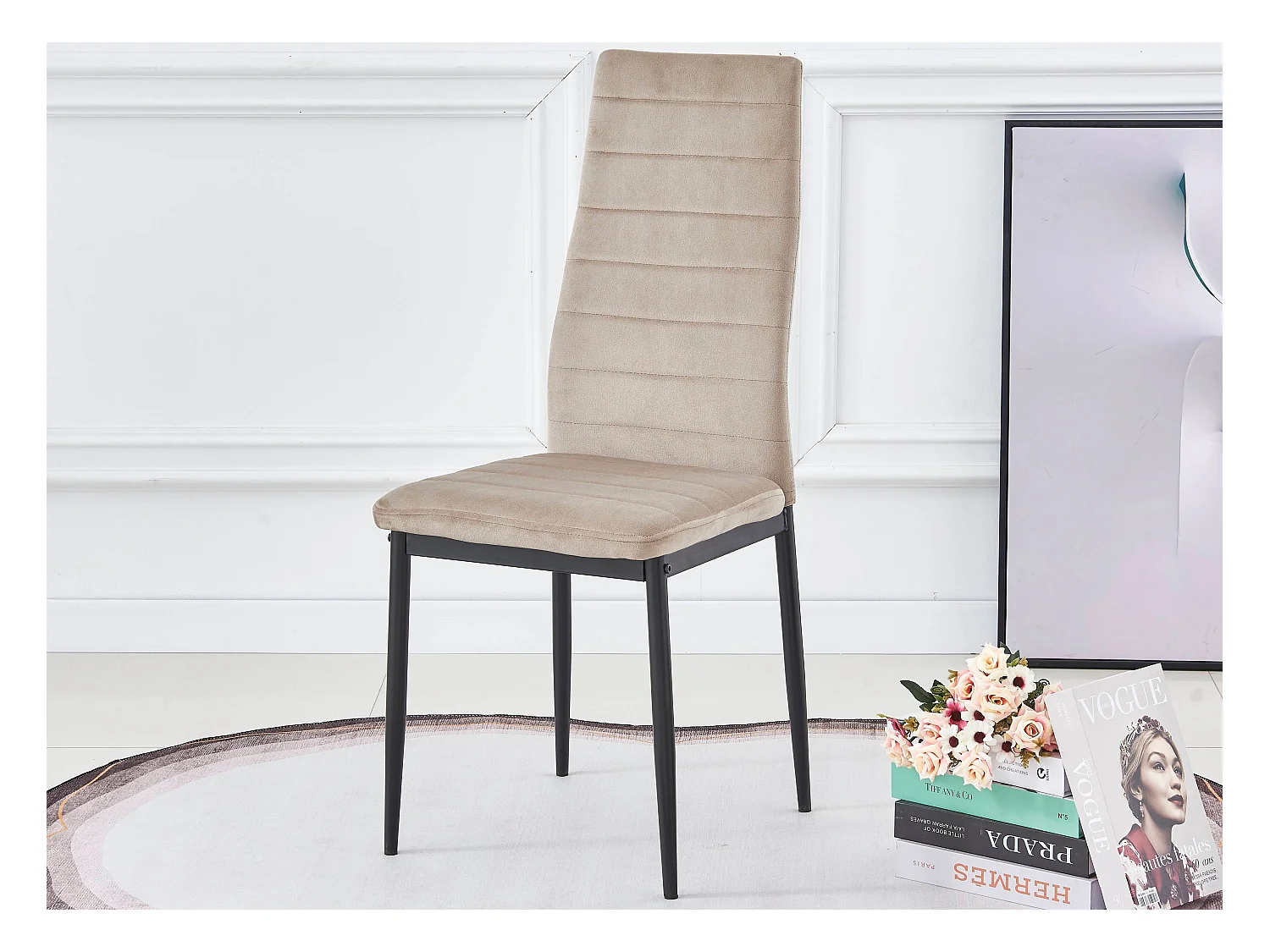 Chaise velours beige matelassé et pieds acier noir Roba - Lot de 6