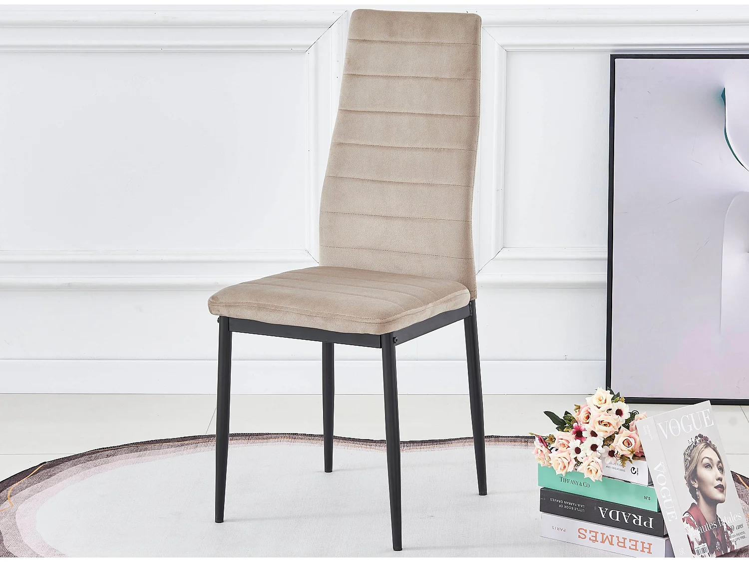 Chaise velours beige matelassé et pieds acier noir Roba - Lot de 6