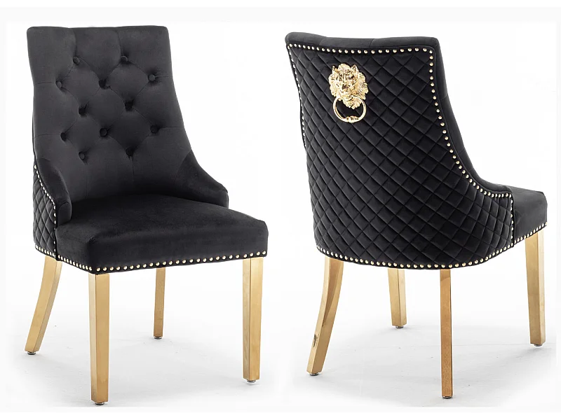 Chaise capitonnée velours avec anneau d'un lion au dos et pieds métal doré Elena - Lot de 2-Couleur Noir