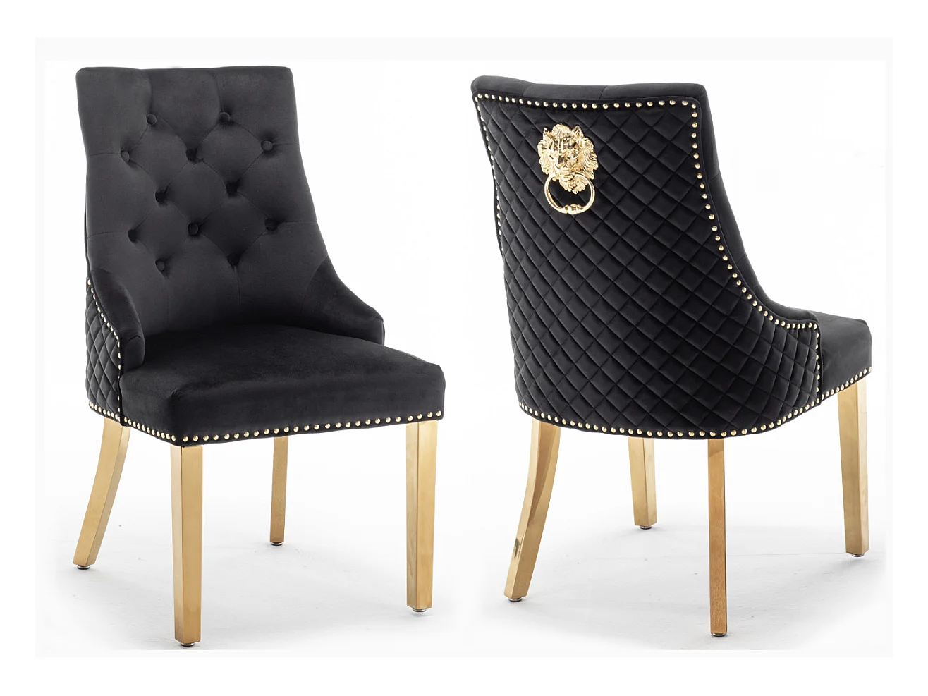 Chaise capitonnée velours avec anneau d'un lion au dos et pieds métal doré Elena - Lot de 2-Couleur Noir