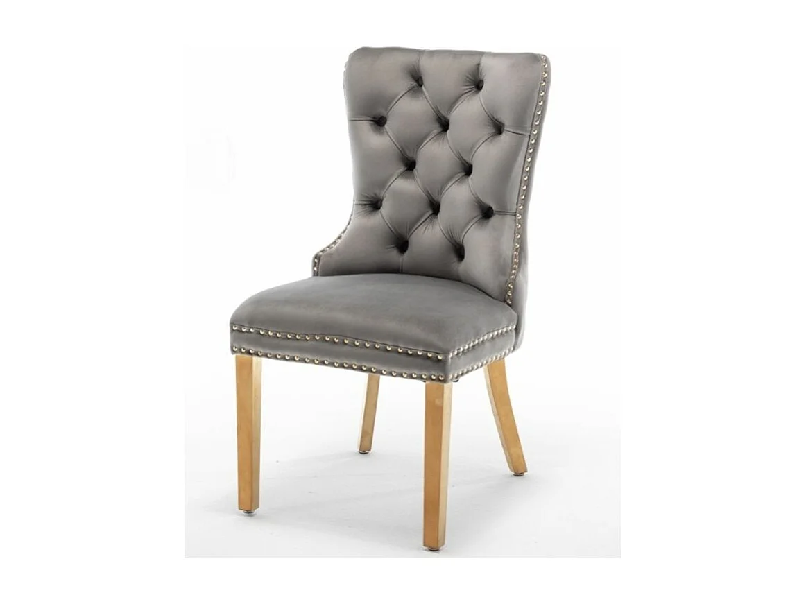 Chaise design velours capitonné clouté et pieds acier doré Kazar - Lot de 2-Couleur Gris foncé