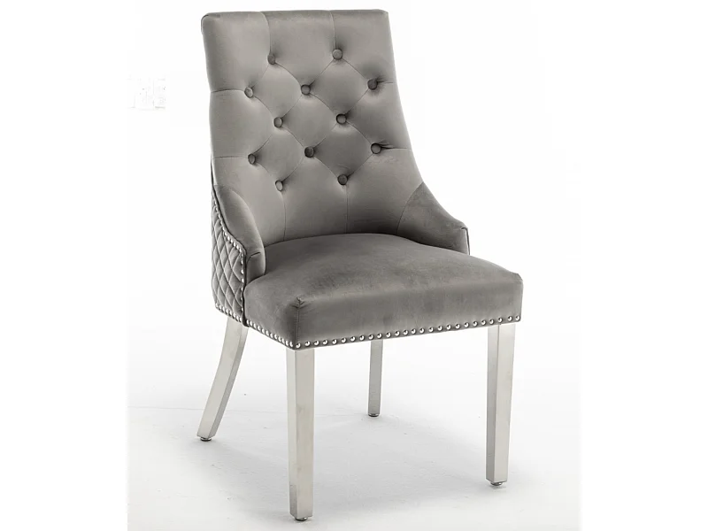 Chaise capitonnée velours avec anneau au dos et pieds métal chromé Royal - Lot de 2-Couleur Gris foncé