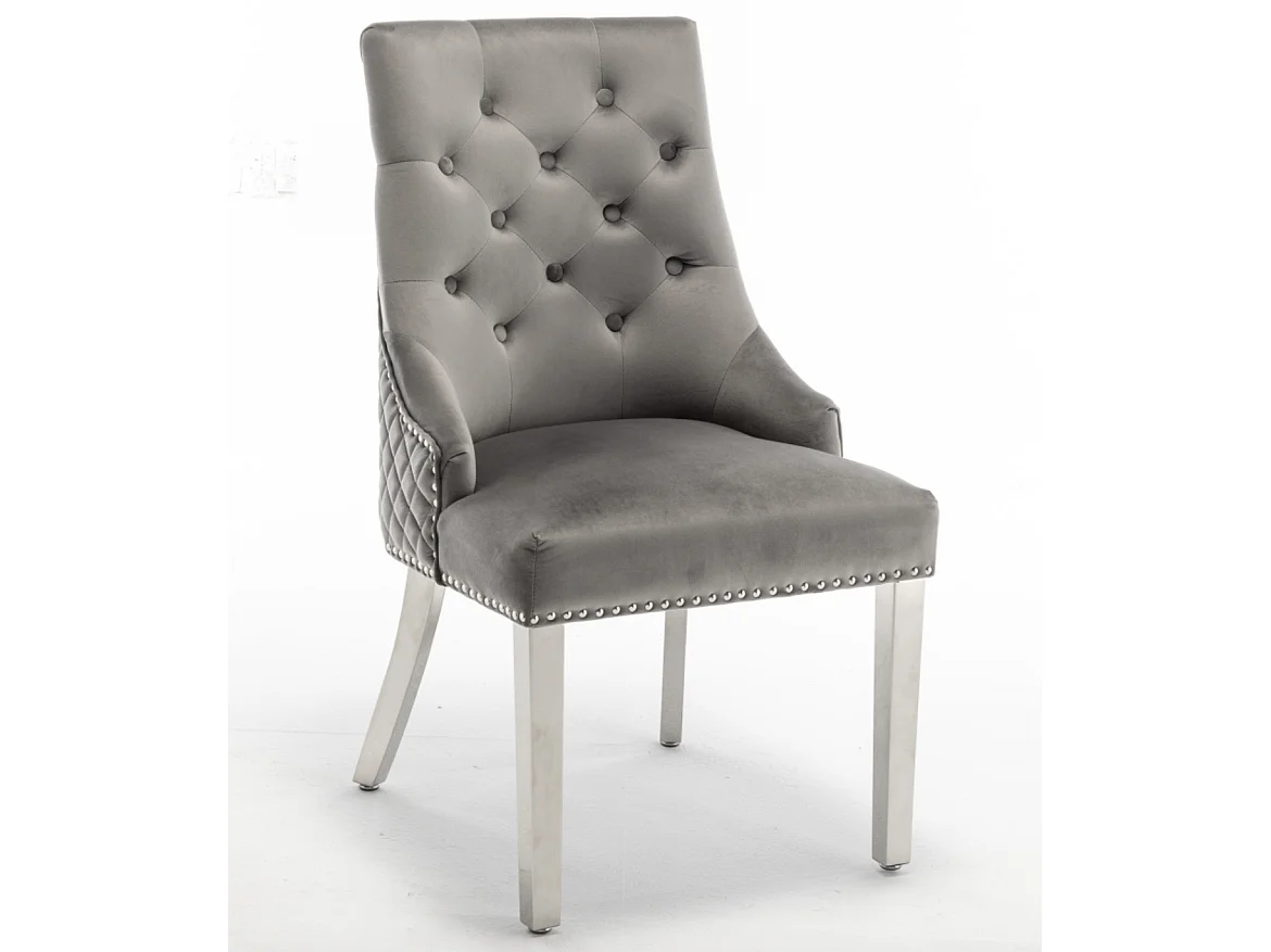 Chaise capitonnée velours avec anneau au dos et pieds métal chromé Royal - Lot de 2-Couleur Gris foncé