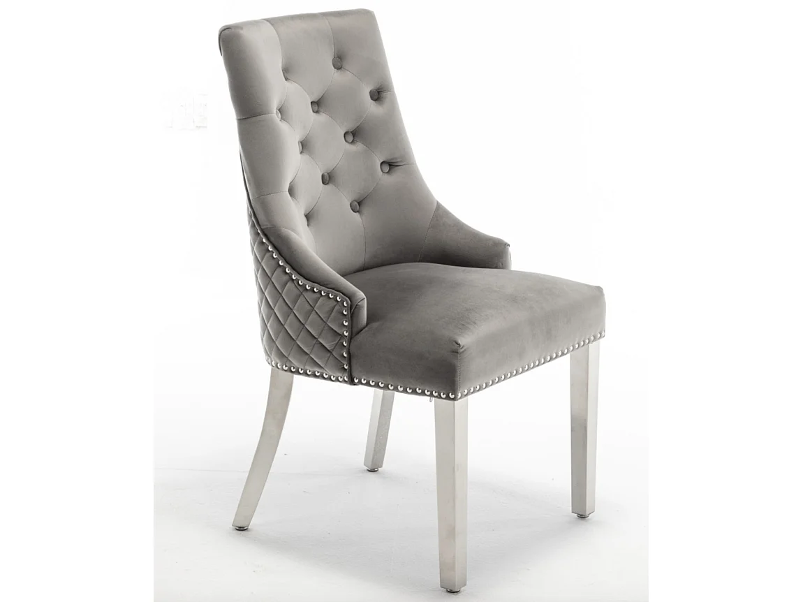 Chaise capitonnée velours avec anneau au dos et pieds métal chromé Royal - Lot de 2-Gris foncé