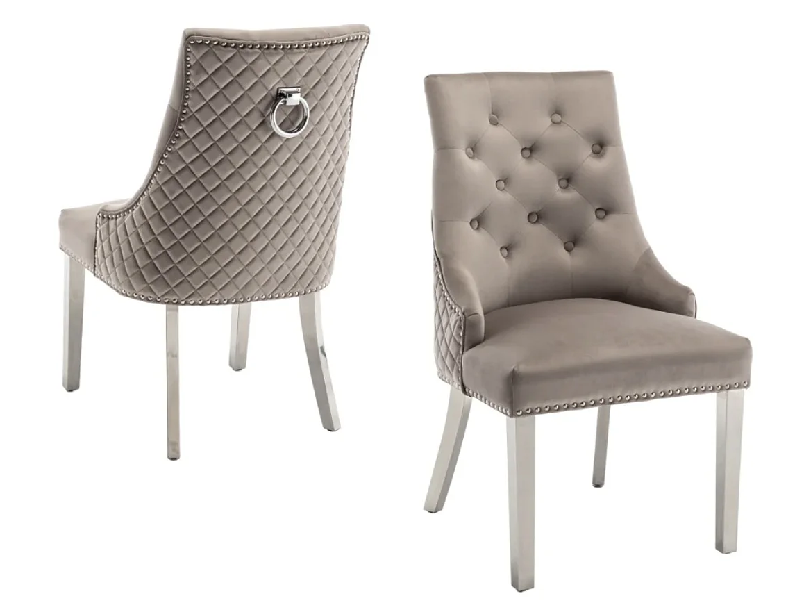 Chaise capitonnée velours avec anneau au dos et pieds métal chromé Royal - Lot de 2-Gris foncé