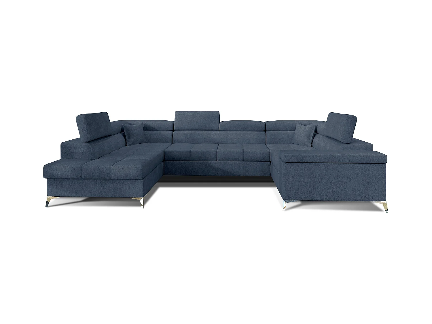 Canapé panoramique convertible tissu bleu jean avec coffre de rangement Triano 342cm-Coffre de rangement à gauche