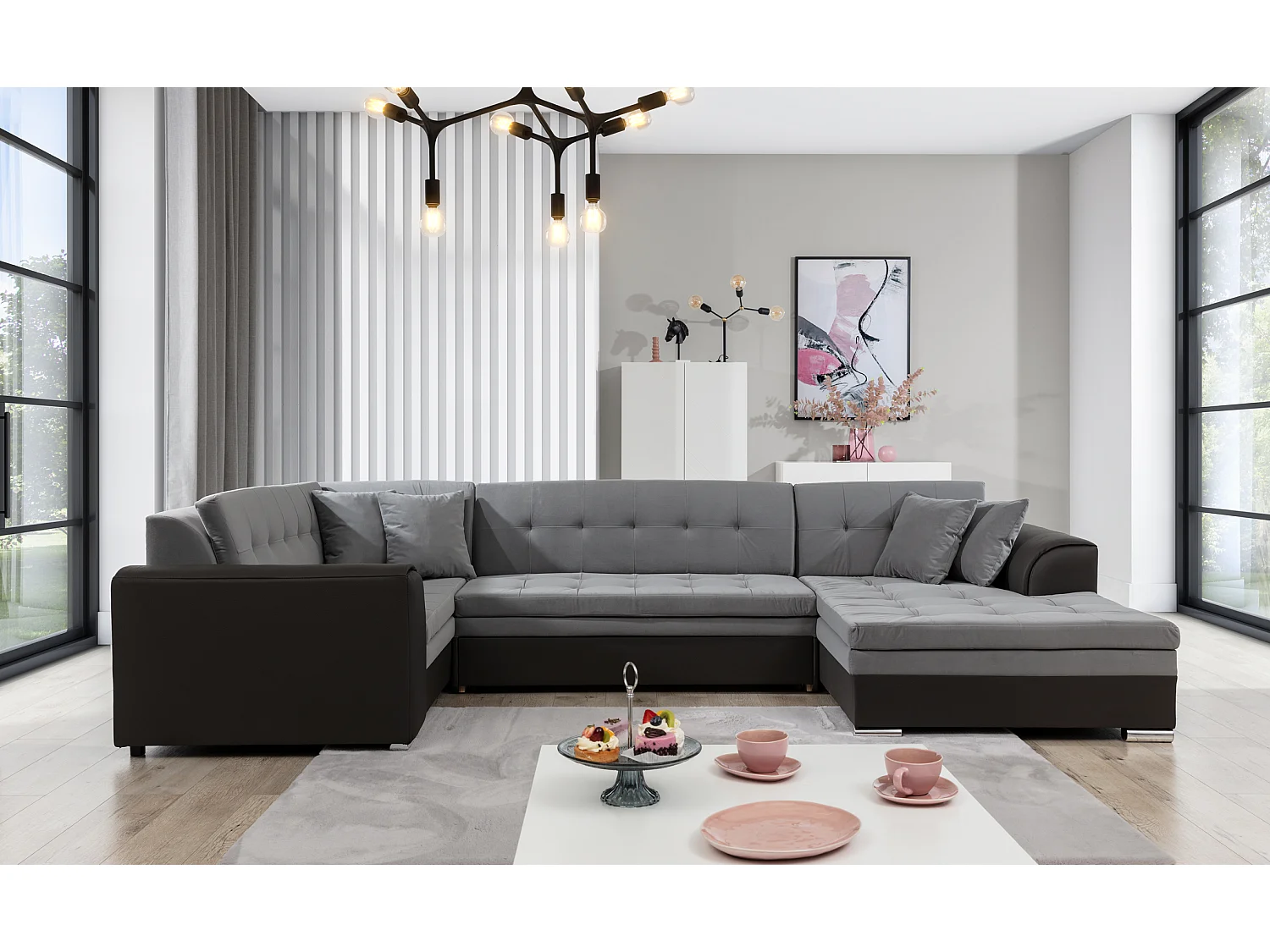 Panoramische slaapbank in gemêleerde stof en zwarte kunstleren chaise longue aan de rechterkant Diana 340 cm