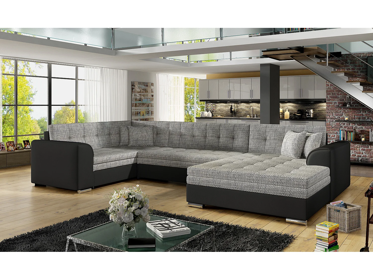 Canapé convertible panoramique tissu gris chiné et simili noir méridienne à droite Diana 340cm