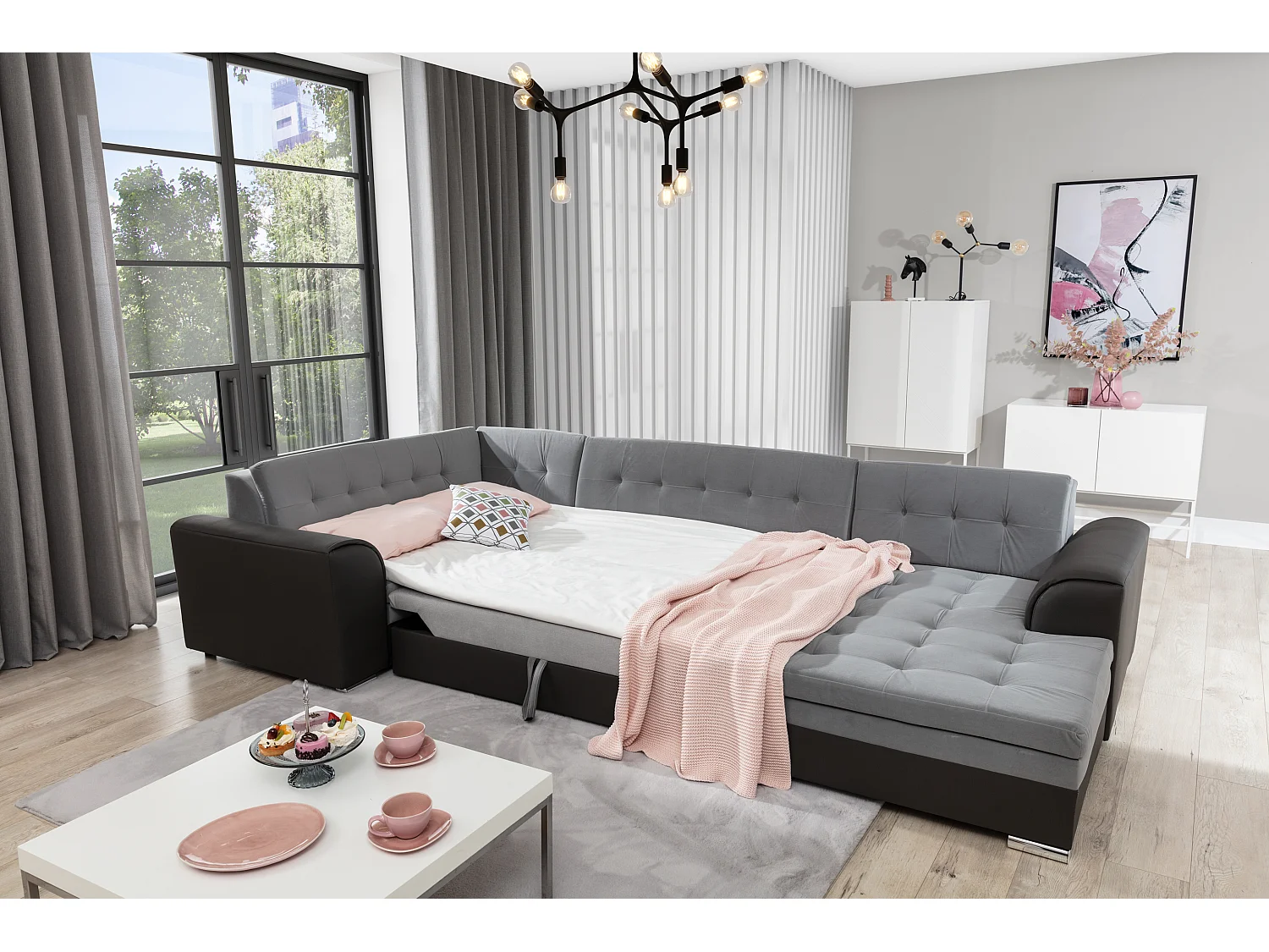 Canapé convertible panoramique tissu gris chiné et simili noir méridienne à droite Diana 340cm