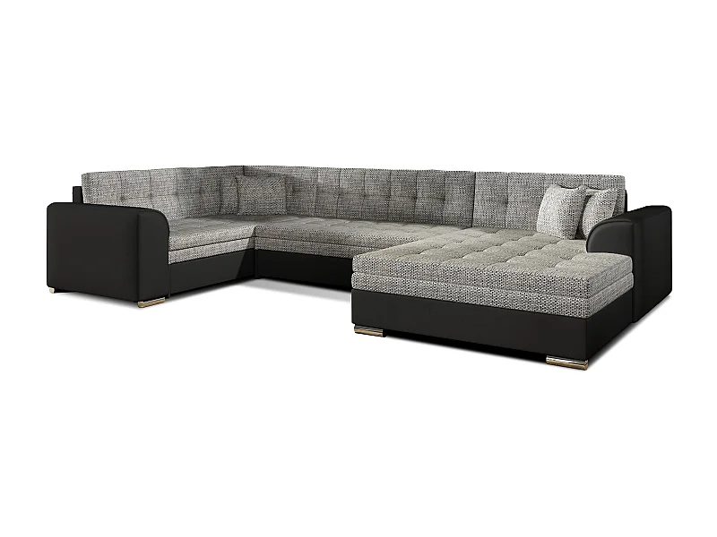 Panoramische slaapbank in gemêleerde stof en zwarte kunstleren chaise longue aan de rechterkant Diana 340 cm