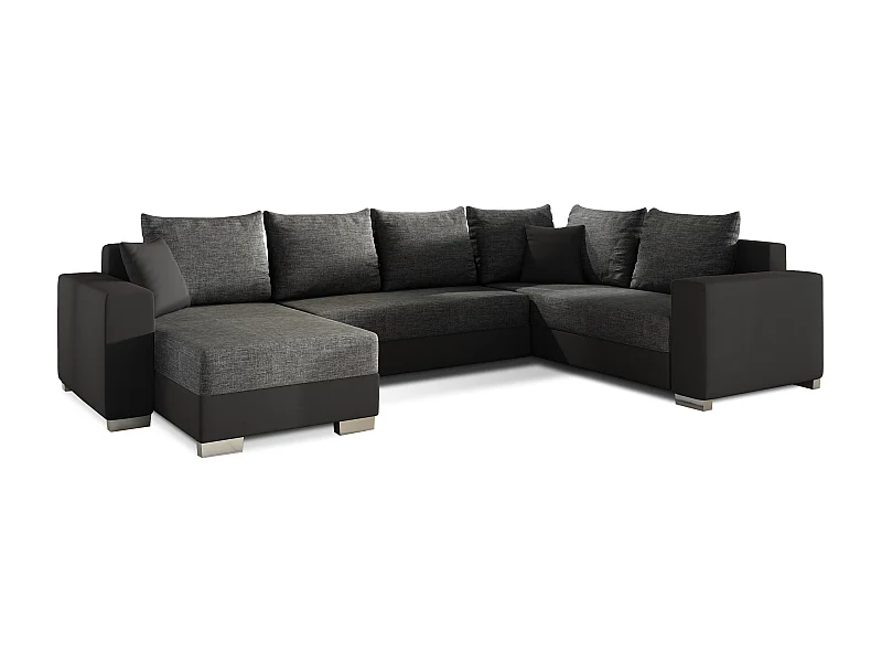 Canapé U convertible tissu gris foncé et simili noir coffre de rangement à gauche Marry 321cm