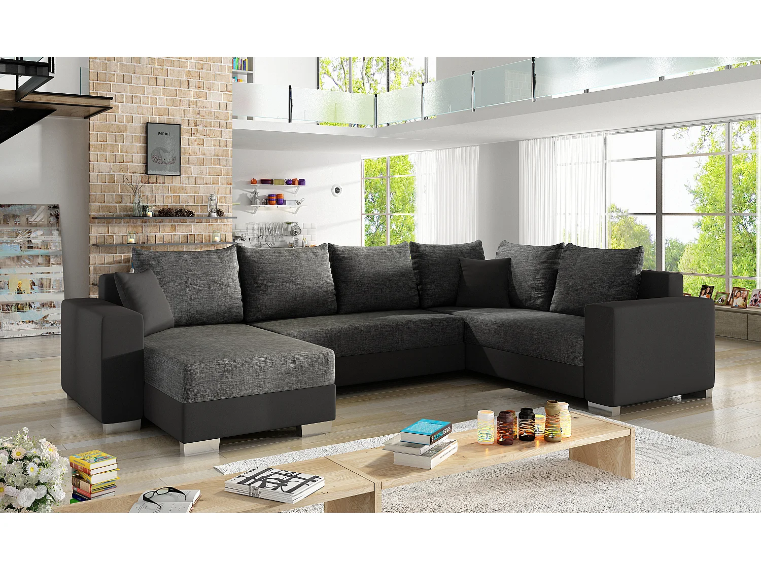 Canapé U convertible tissu gris foncé et simili noir coffre de rangement à gauche Marry 321cm