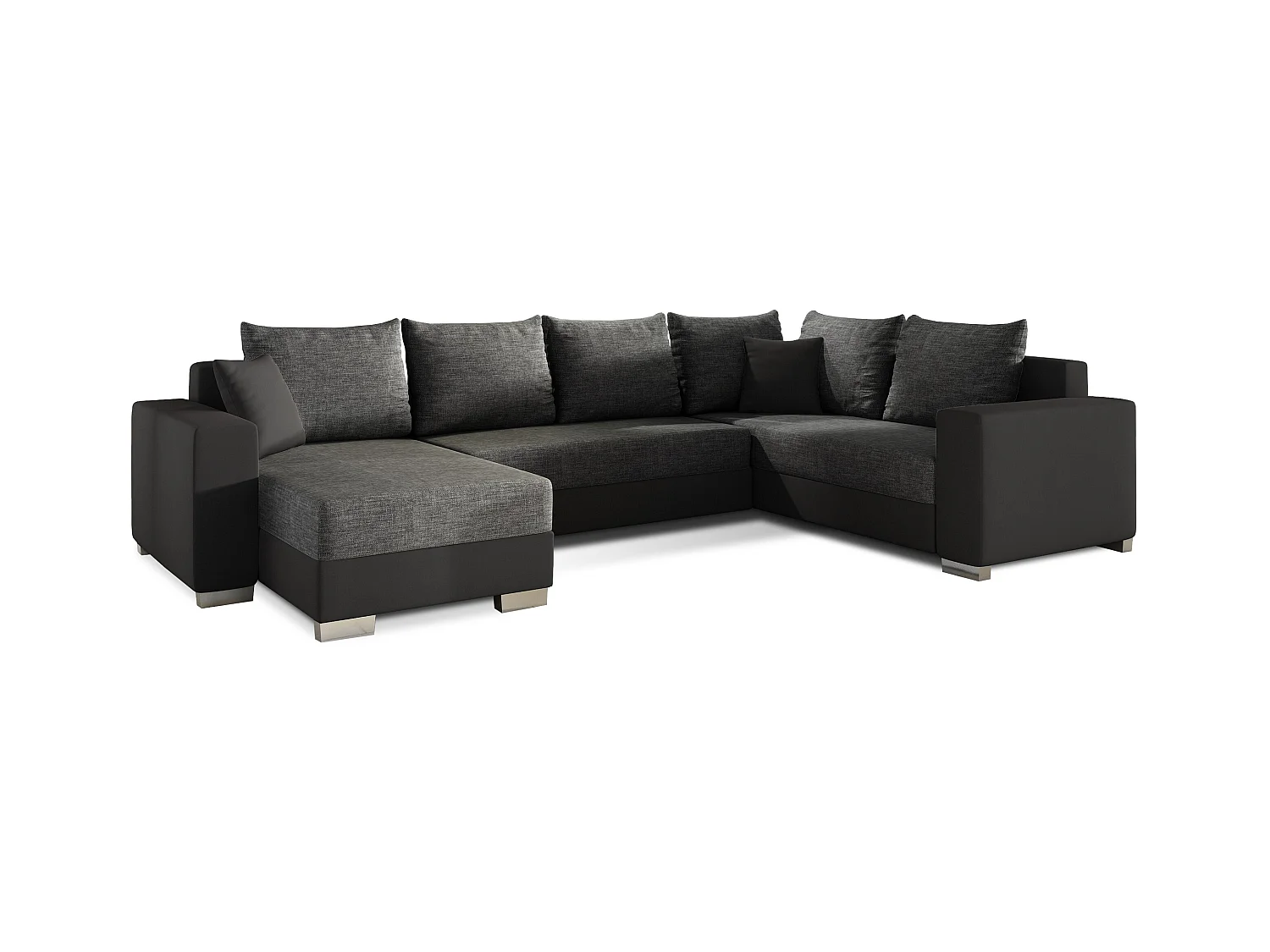 Canapé U convertible tissu gris foncé et simili noir coffre de rangement à gauche Marry 321cm