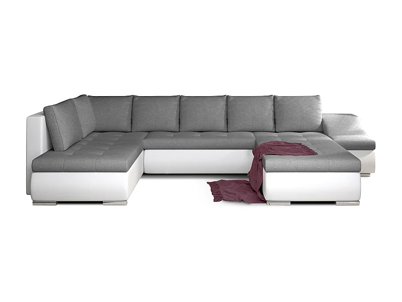 Canapé panoramique convertible tissu gris et simili cuir blanc Jonaz 340cm-Méridienne A droite