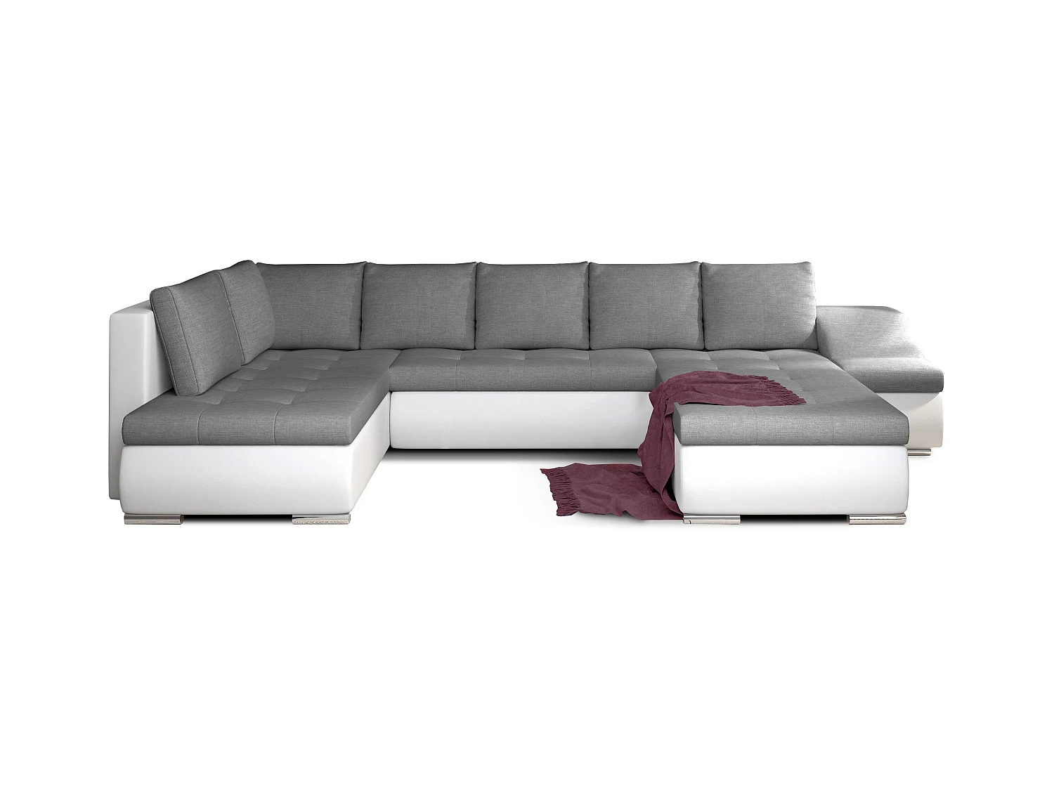 Canapé panoramique convertible tissu gris et simili cuir blanc Jonaz 340cm-Méridienne A droite