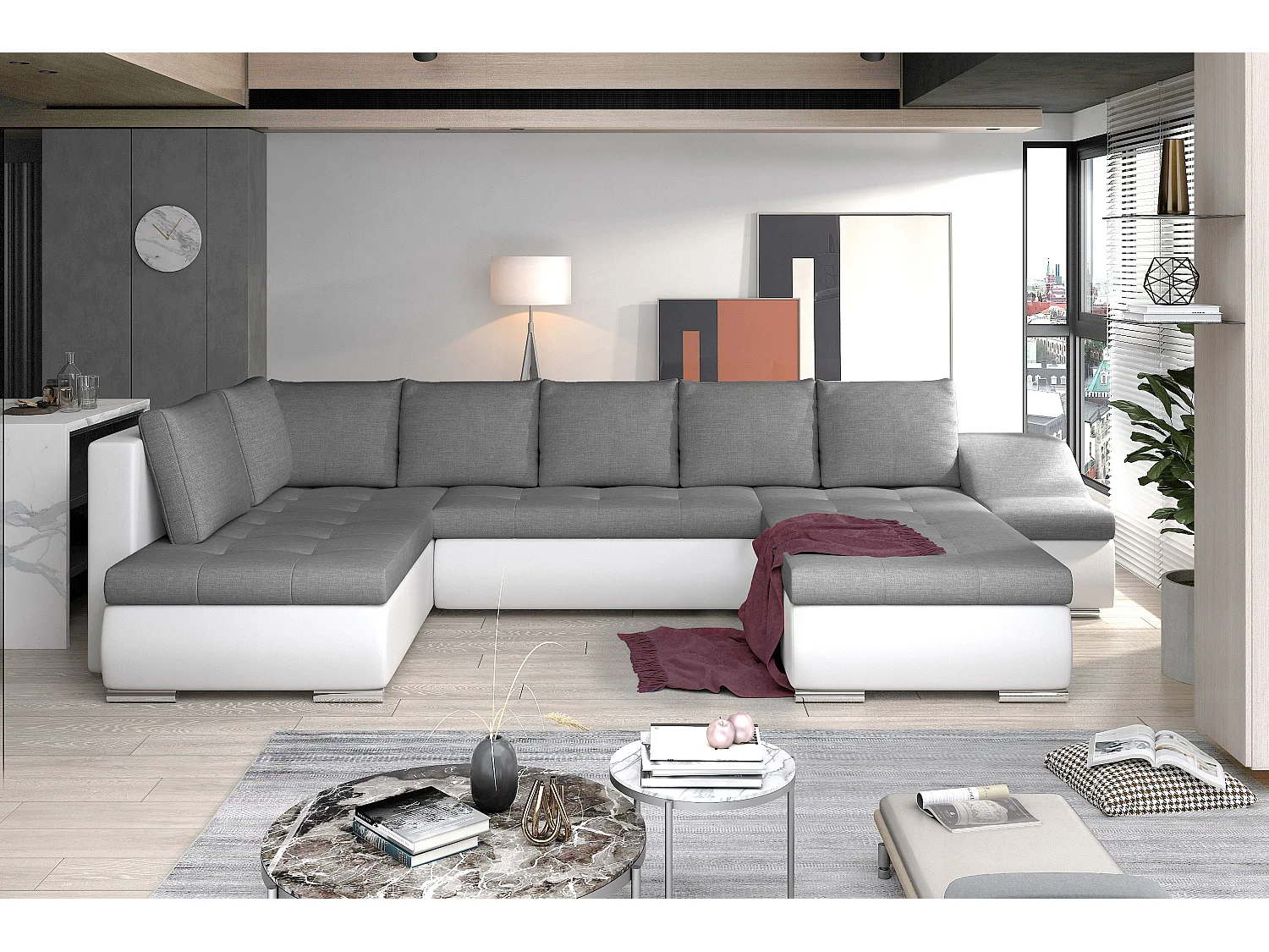 Canapé panoramique convertible tissu gris et simili cuir blanc Jonaz 340cm-Méridienne A droite