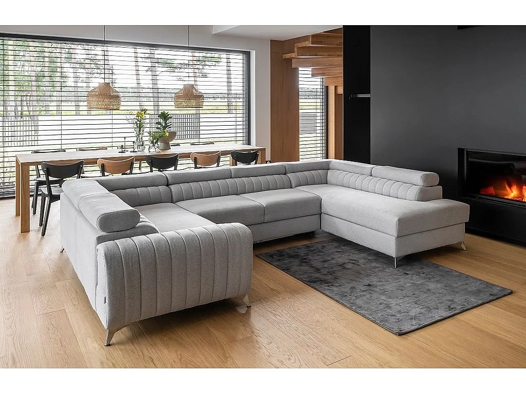 Canapé panoramique convertible simili cuir blanc avec coffre de rangement Louve 340cm-Coffre de rangement à droite
