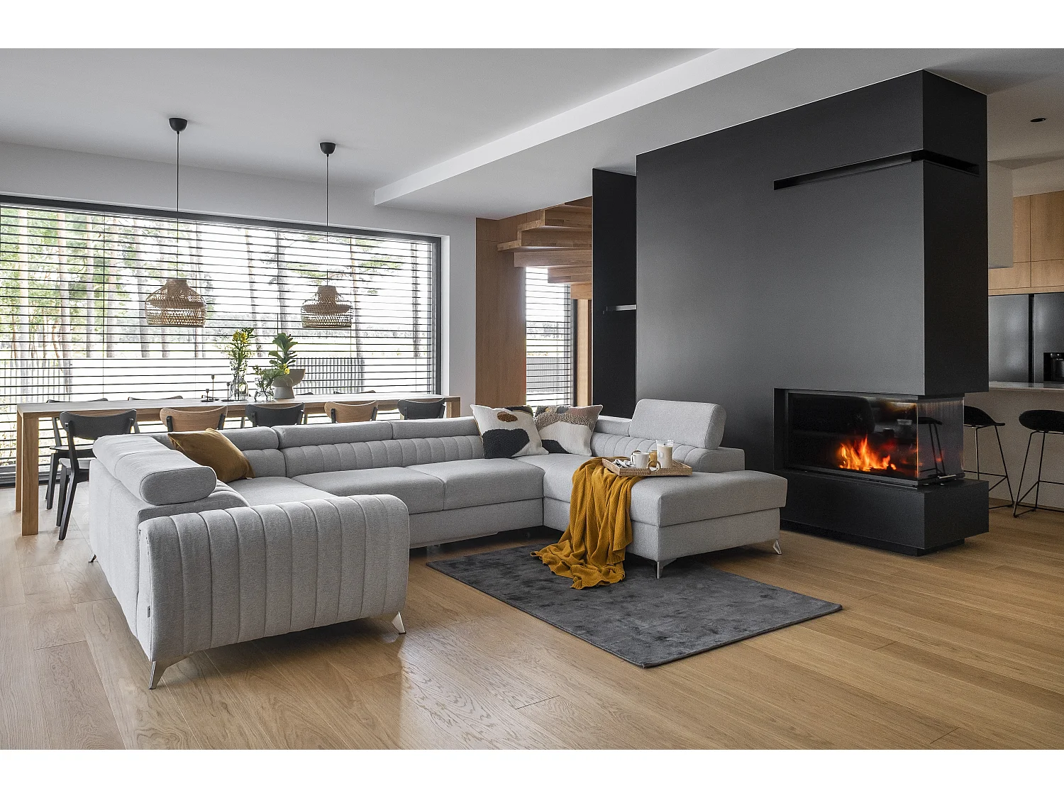 Canapé panoramique convertible simili cuir blanc avec coffre de rangement Louve 340cm-Coffre de rangement à droite