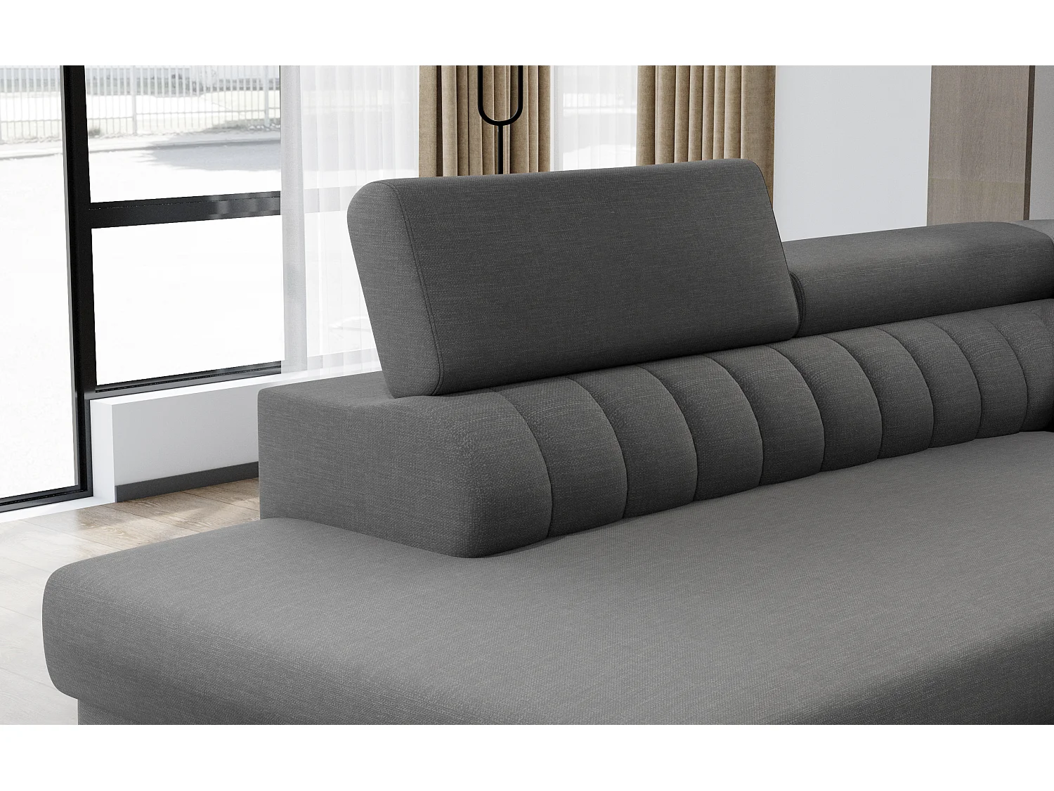 Canapé panoramique convertible simili cuir blanc avec coffre de rangement Louve 340cm-Coffre de rangement à droite