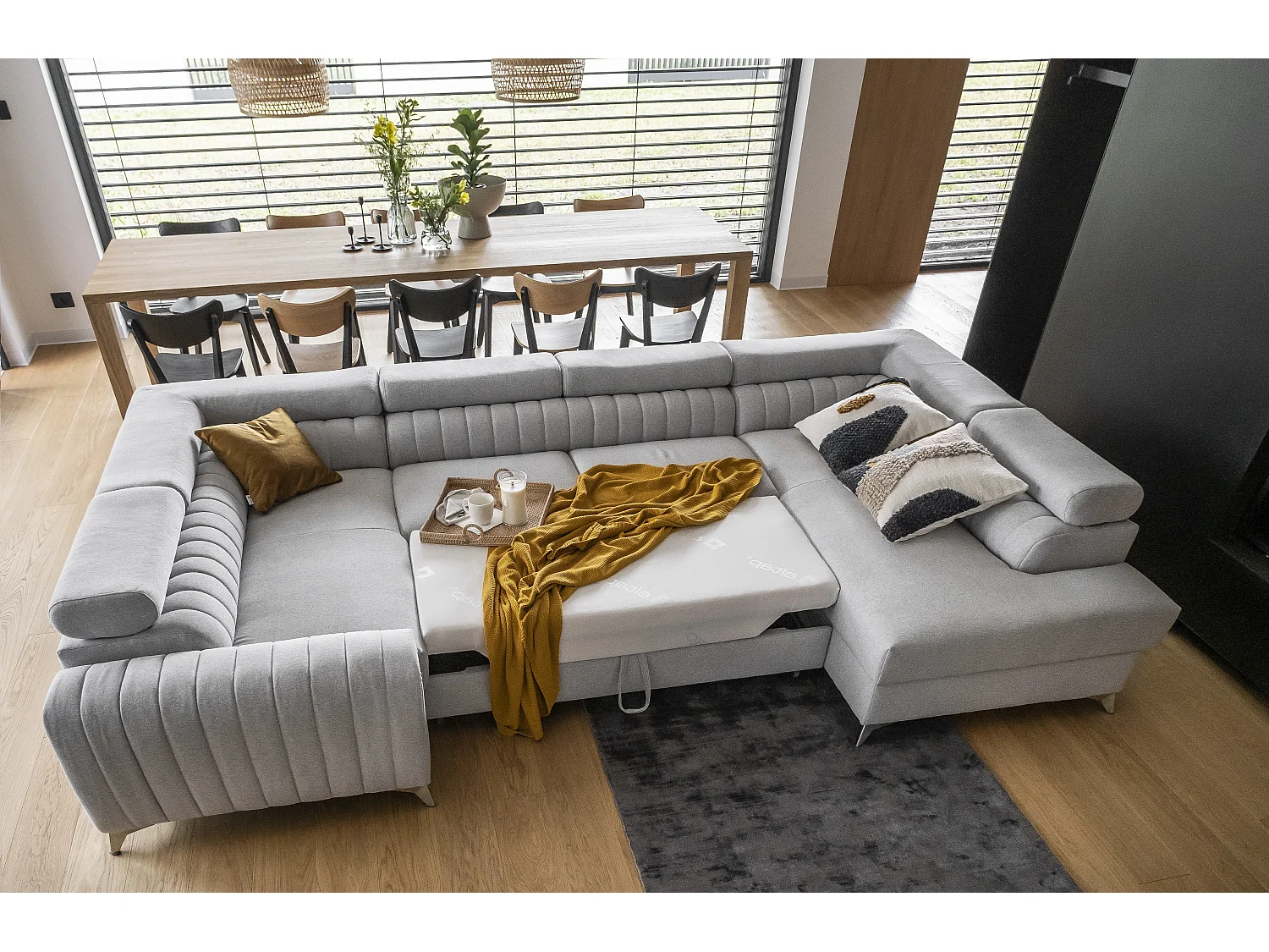 Canapé panoramique convertible simili cuir blanc avec coffre de rangement Louve 340cm-Coffre de rangement à droite