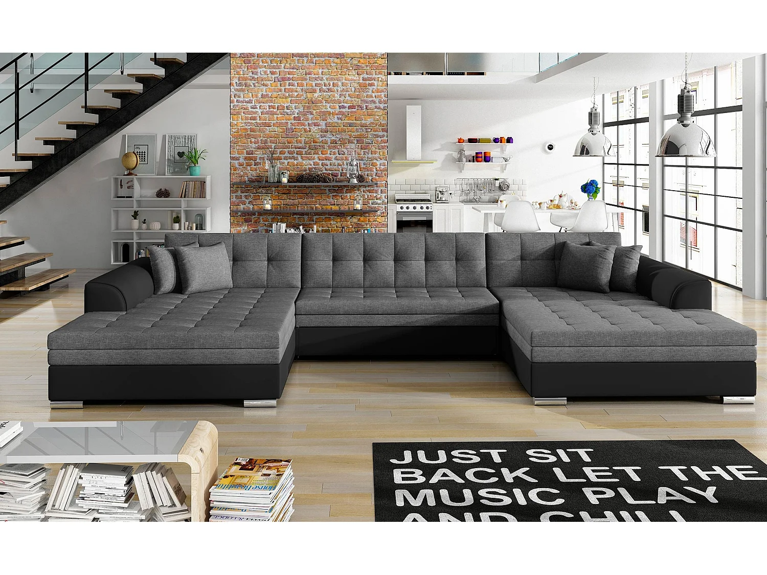 Canapé d'angle panoramique convertible tissu gris foncé et simili noir Vira 355cm