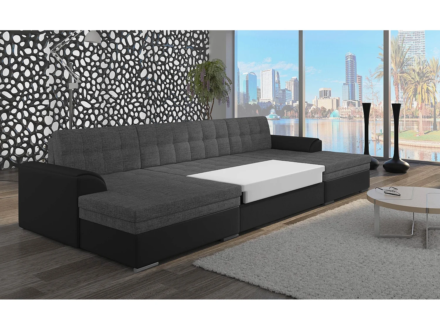 Canapé d'angle panoramique convertible tissu gris foncé et simili noir Vira 355cm