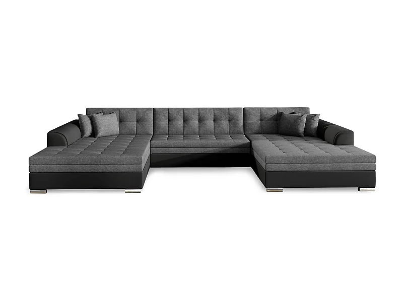Canapé d'angle panoramique convertible tissu gris foncé et simili noir Vira 355cm