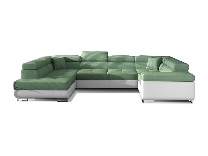 Canapé convertible U gauche tissu vert et simili blanc avec coffre de rangement Tovy 340cm