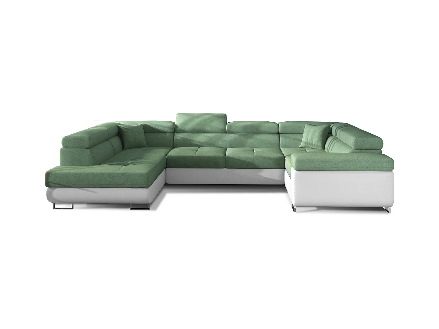 Canapé convertible U gauche tissu vert et simili blanc avec coffre de rangement Tovy 340cm