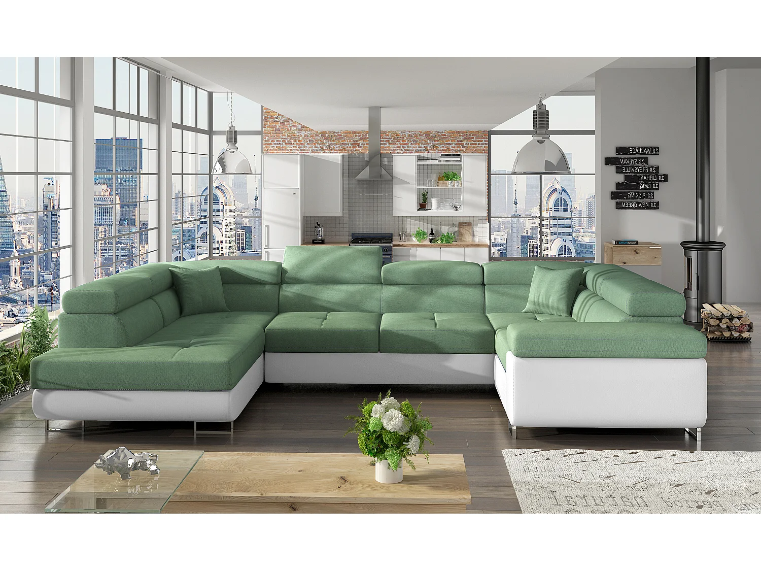 Canapé convertible U gauche tissu vert et simili blanc avec coffre de rangement Tovy 340cm