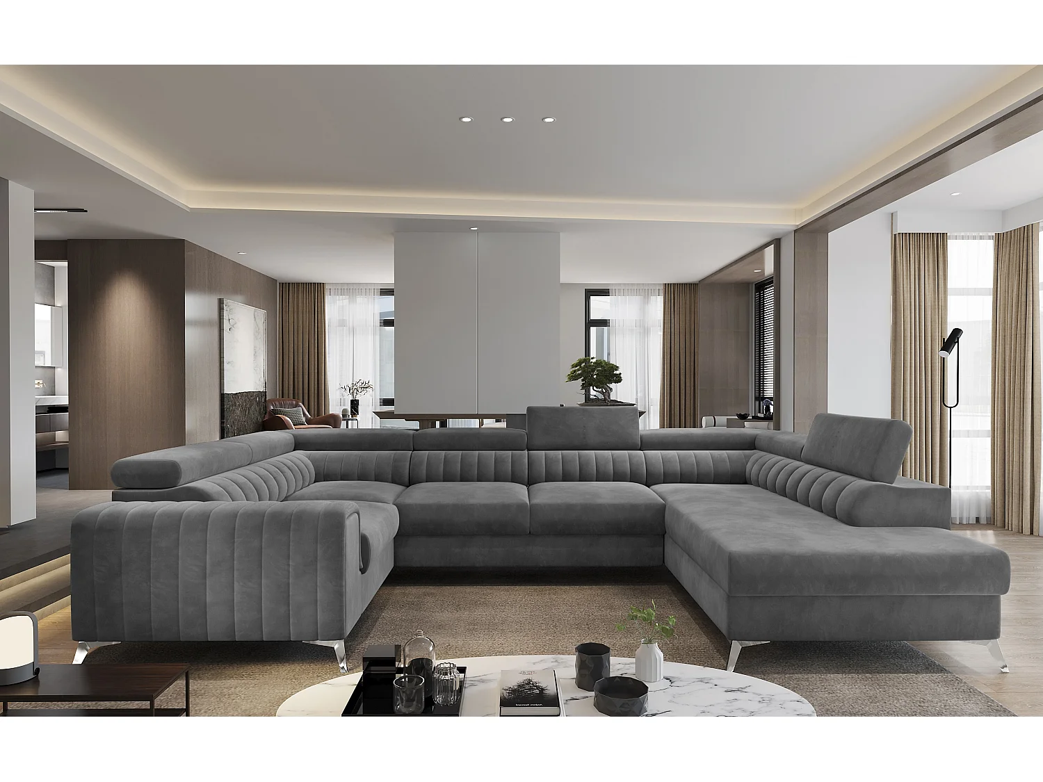 Canapé panoramique convertible velours gris foncé avec coffre de rangement Louve 340cm-Coffre de rangement à droite