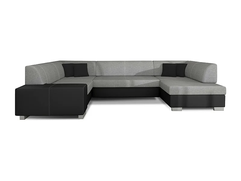 Canapé convertible panoramique bi matières tissu gris clair et simili cuir noir avec coffre de rangement Houston 320cm-Coffre de rangement à droite