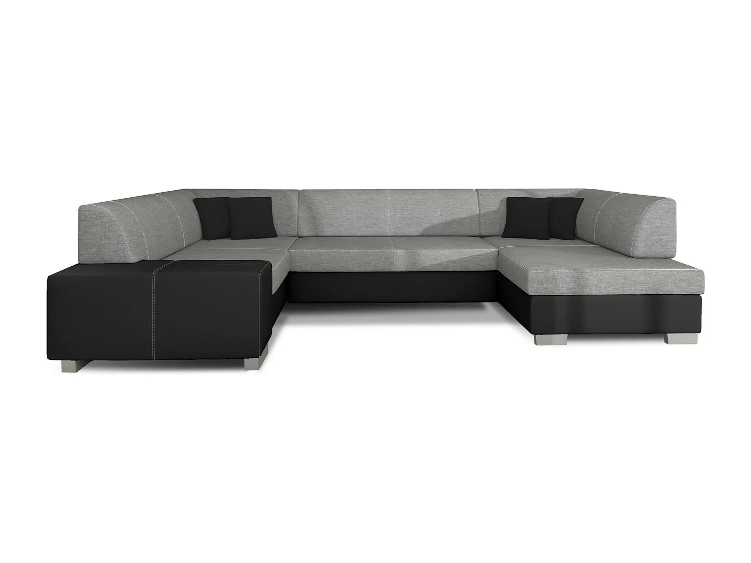 Canapé convertible panoramique bi matières tissu gris clair et simili cuir noir avec coffre de rangement Houston 320cm-Coffre de rangement à droite