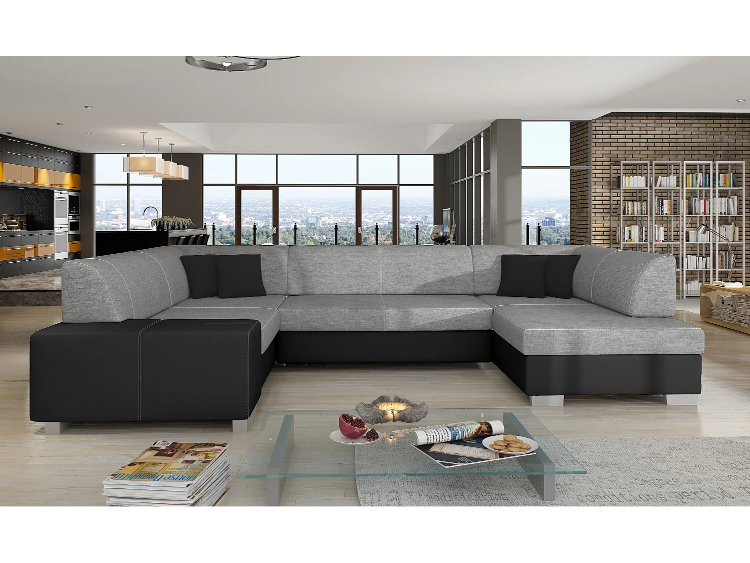 Canapé convertible panoramique bi matières tissu gris clair et simili cuir noir avec coffre de rangement Houston 320cm-Coffre de rangement à droite