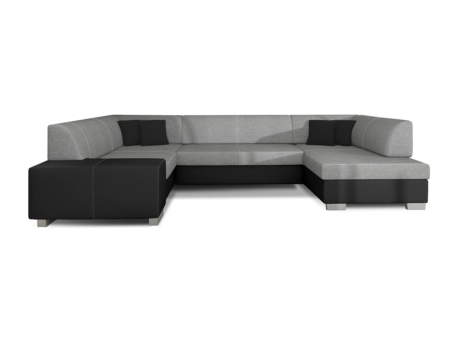 Canapé convertible panoramique bi matières tissu gris clair et simili cuir noir avec coffre de rangement Houston 320cm-Coffre de rangement à droite