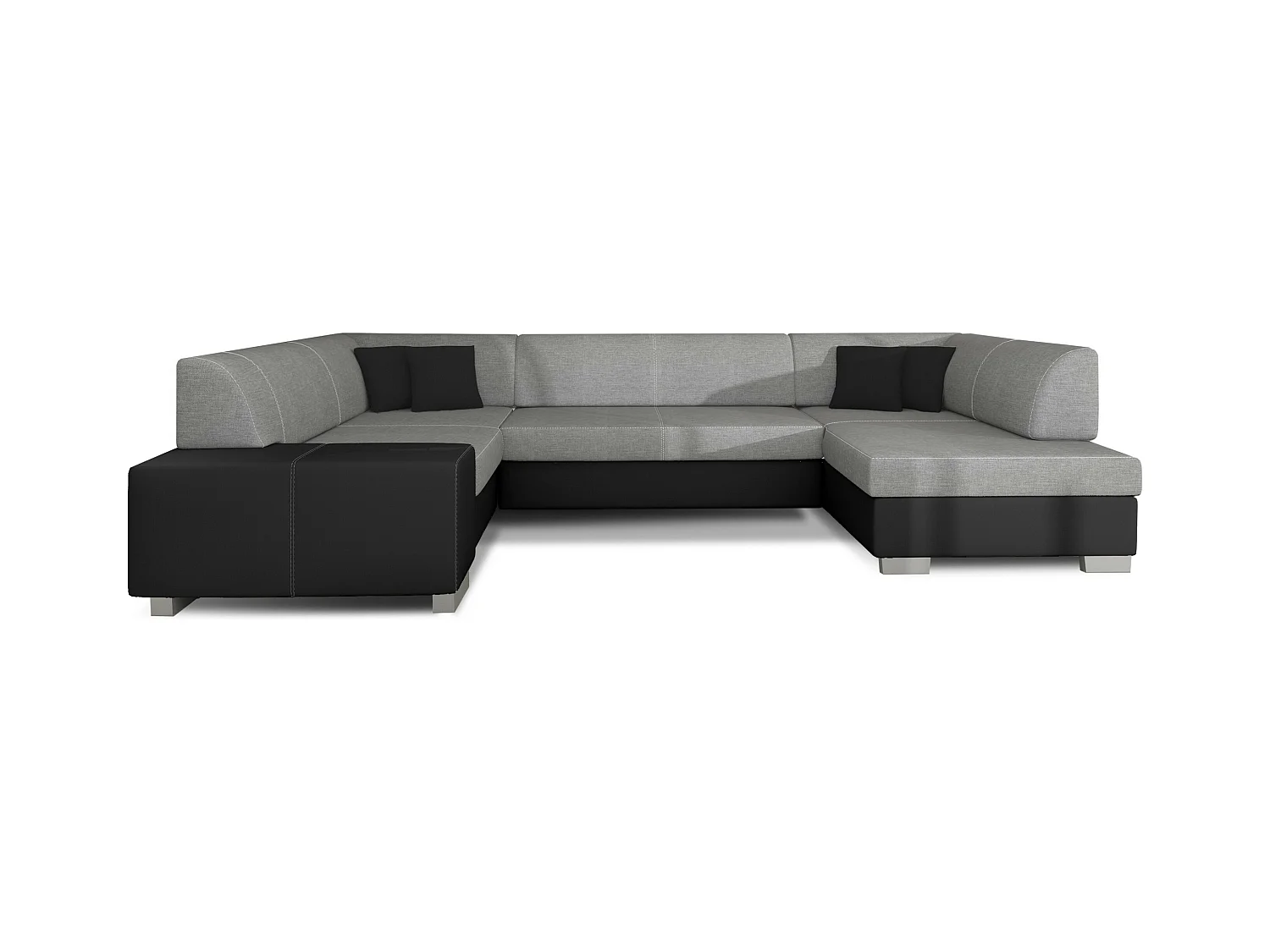 Canapé convertible panoramique bi matières tissu gris clair et simili cuir noir avec coffre de rangement Houston 320cm-Coffre de rangement à droite
