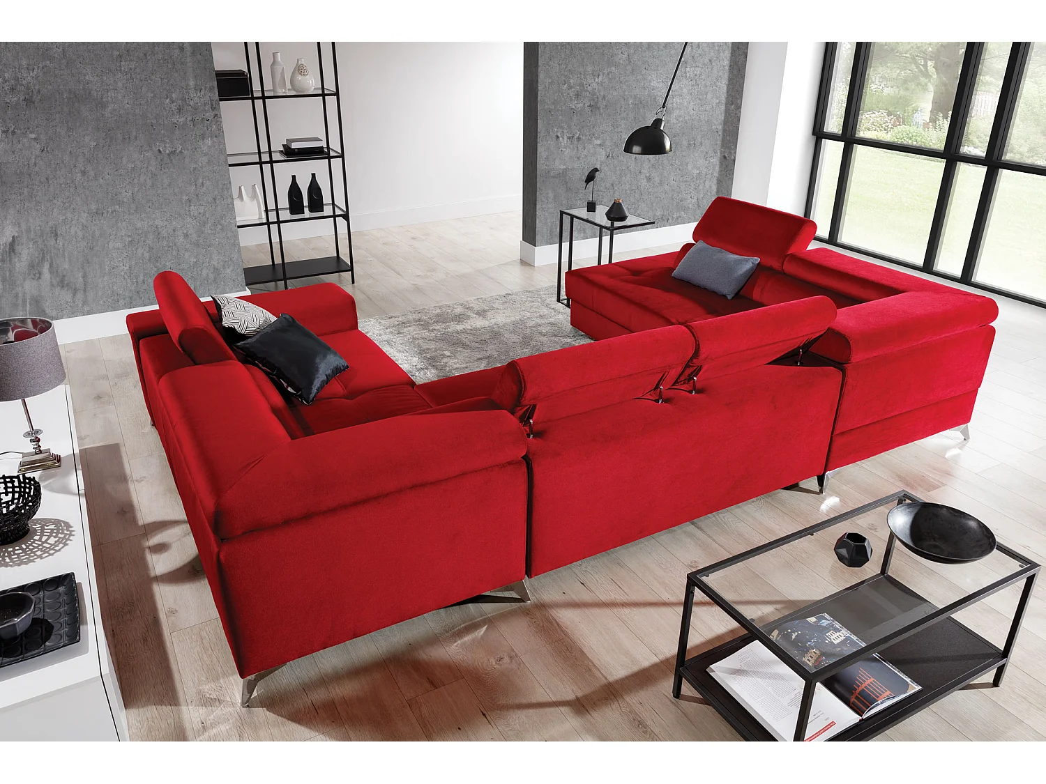 Canapé panoramique convertible tissu noir avec coffre de rangement Triano 342cm-Coffre de rangement à gauche