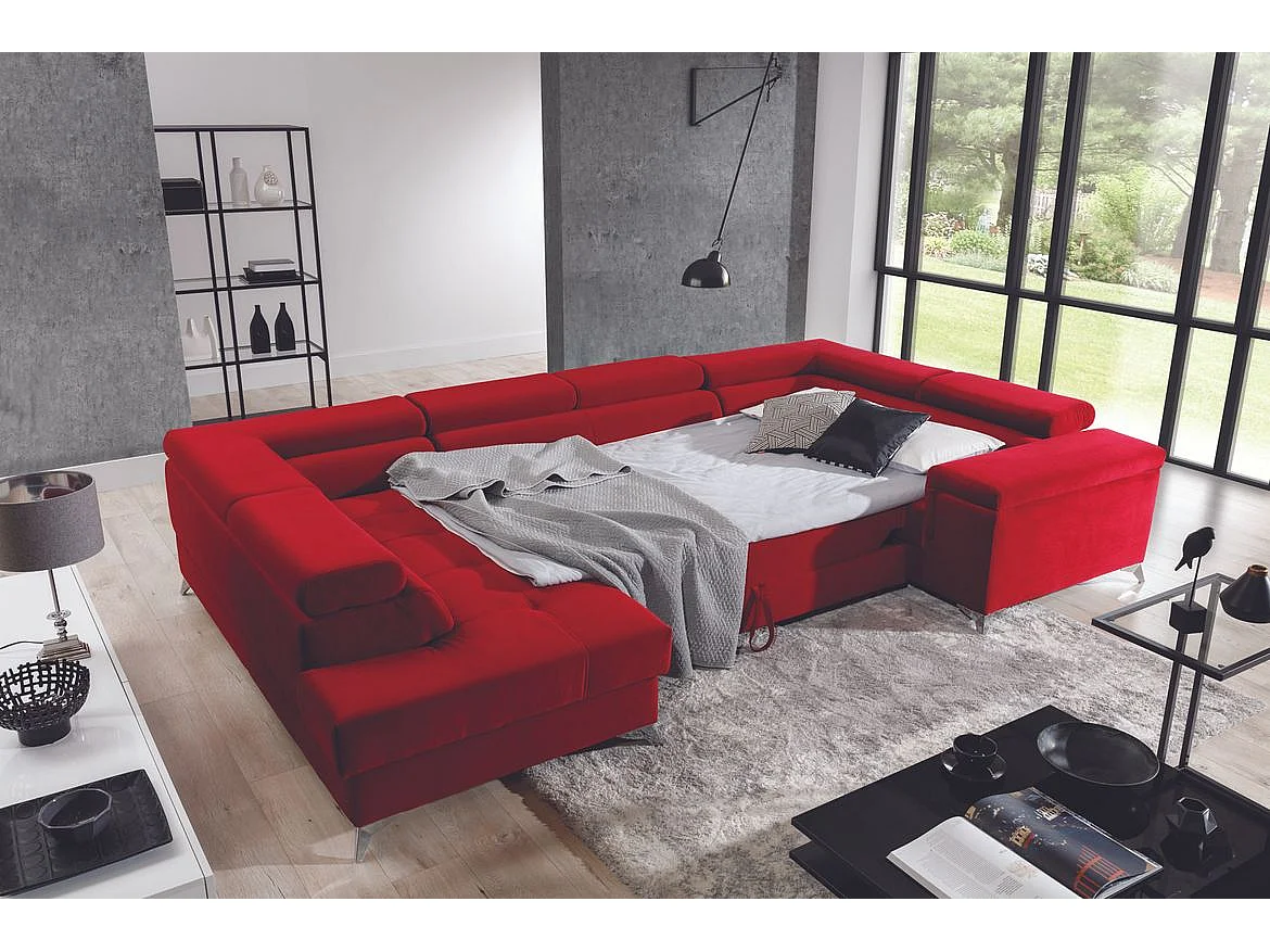 Canapé panoramique convertible tissu noir avec coffre de rangement Triano 342cm-Coffre de rangement à gauche