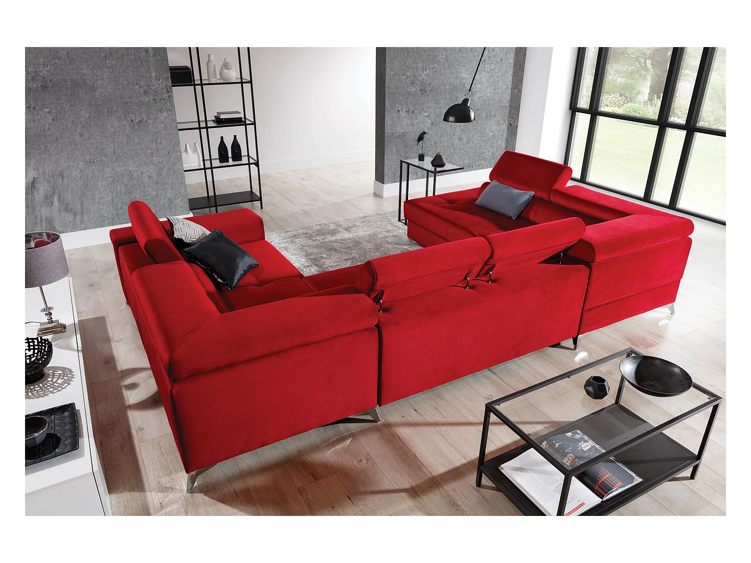 Canapé panoramique convertible tissu noir avec coffre de rangement Triano 342cm-Coffre de rangement à gauche