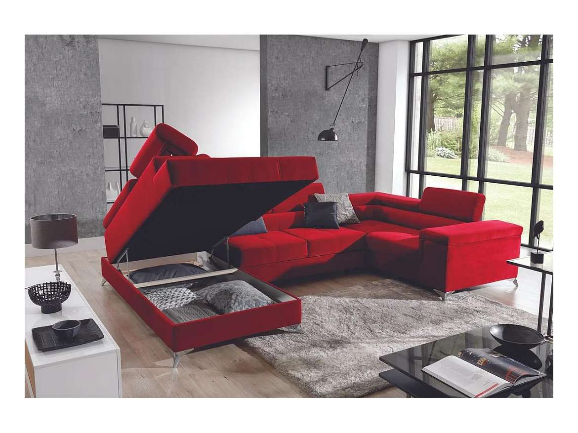 Canapé panoramique convertible tissu noir avec coffre de rangement Triano 342cm-Coffre de rangement à gauche